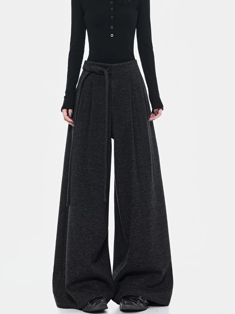 KEN STUDIO quần dài dáng rộng màu xám mùa thu đông mới dành cho nữ với thiết kế lưng cao và quần ống rộng có dây buộc