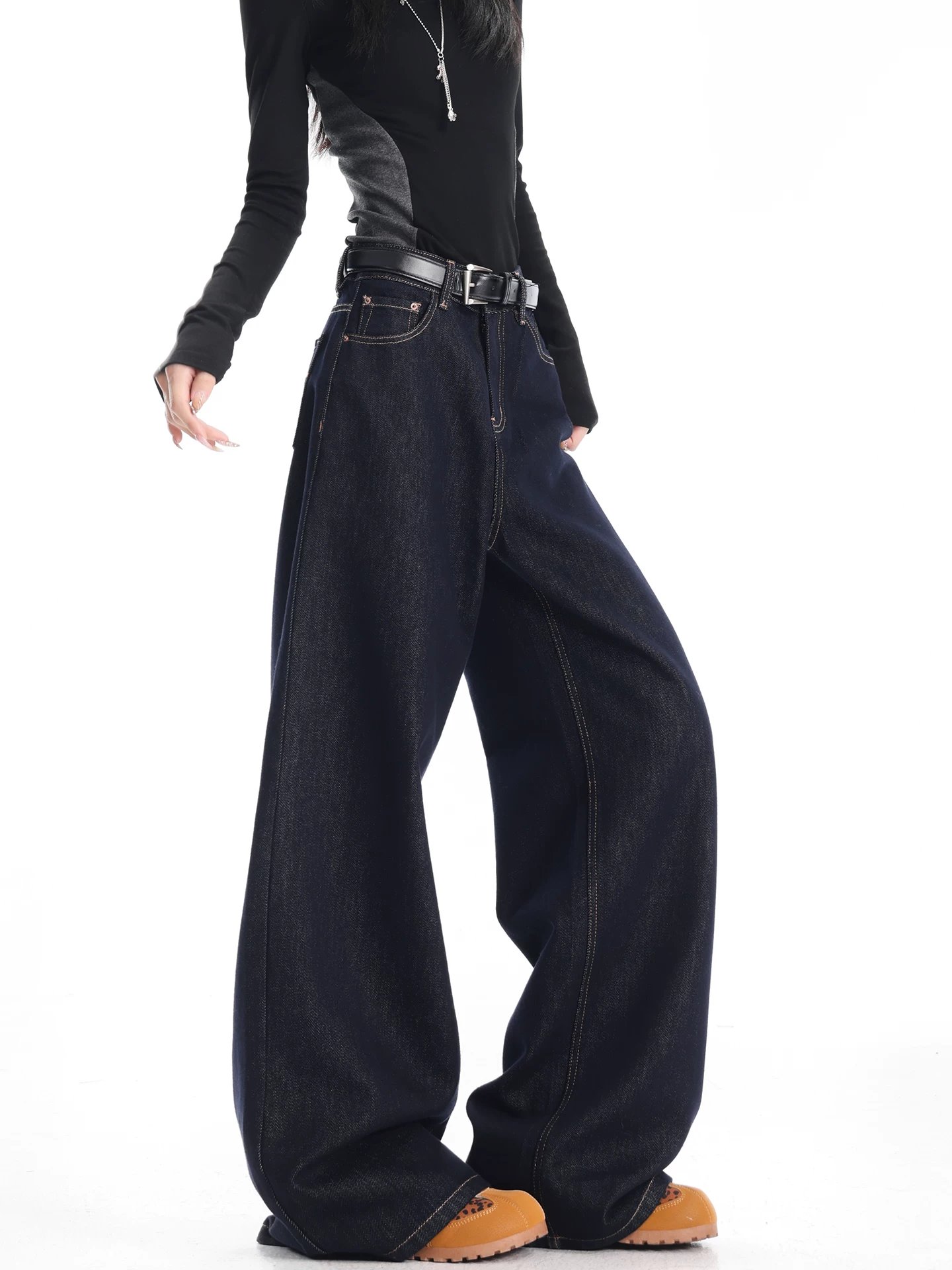 KEN STUDIO quần jean ống rộng màu xanh đậm có lót lông cừu mùa thu đông dành cho nữ quần dài ống rộng lưng cao dáng rộng