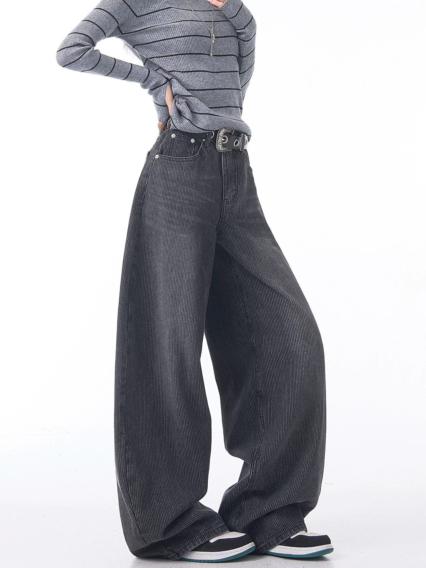 Quần jean kiểu Mỹ cổ điển có lót lông cừu mùa thu đông của KEN STUDIO dành cho nữ, quần cạp cao, dáng ôm, quần ống rộng thông thường.