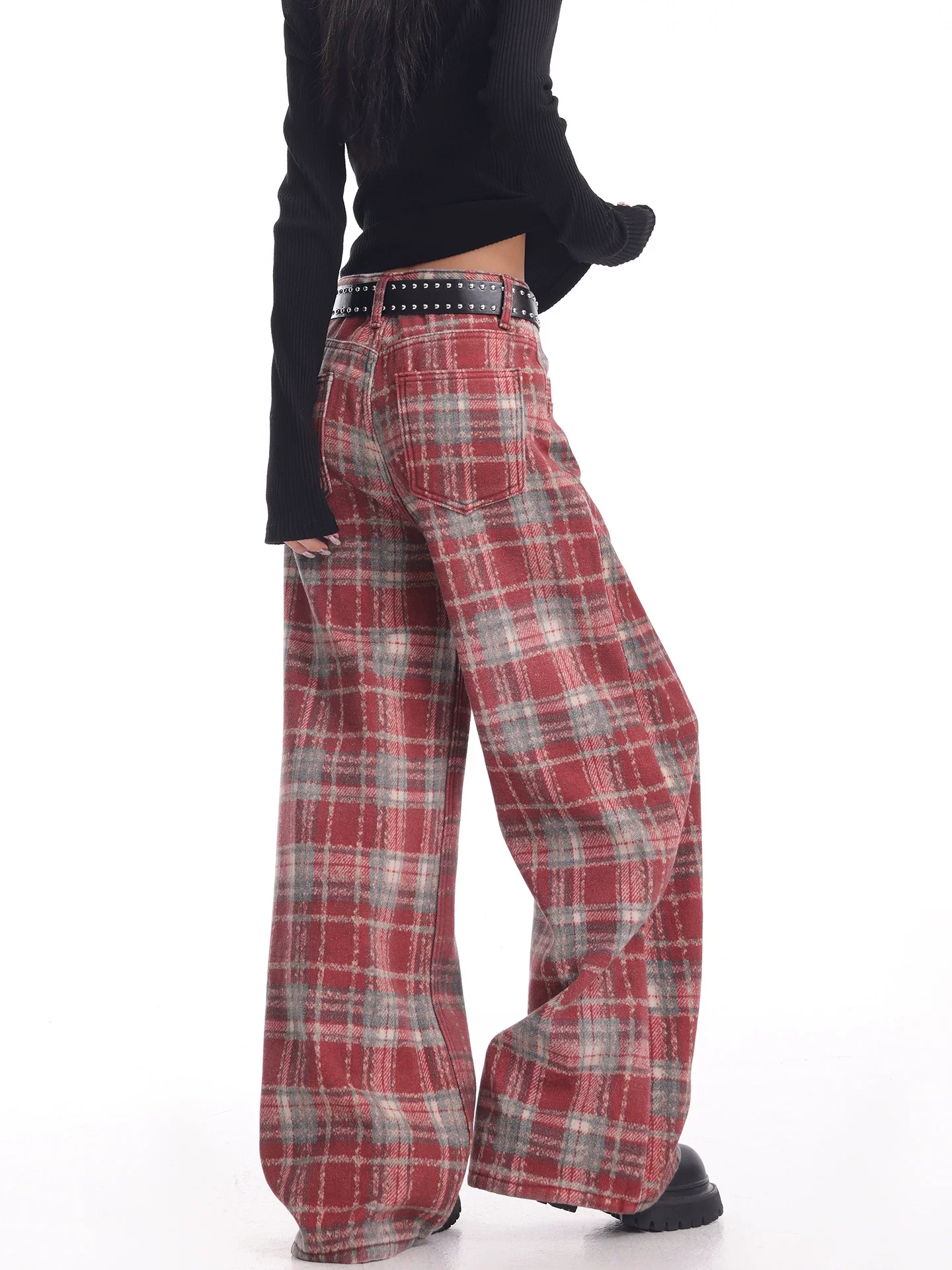 KEN STUDIO quần jean kẻ sọc đỏ cổ điển mới mùa thu đông dành cho nữ, quần ống rộng dài đến sàn, lót lông cừu và dày dặn.