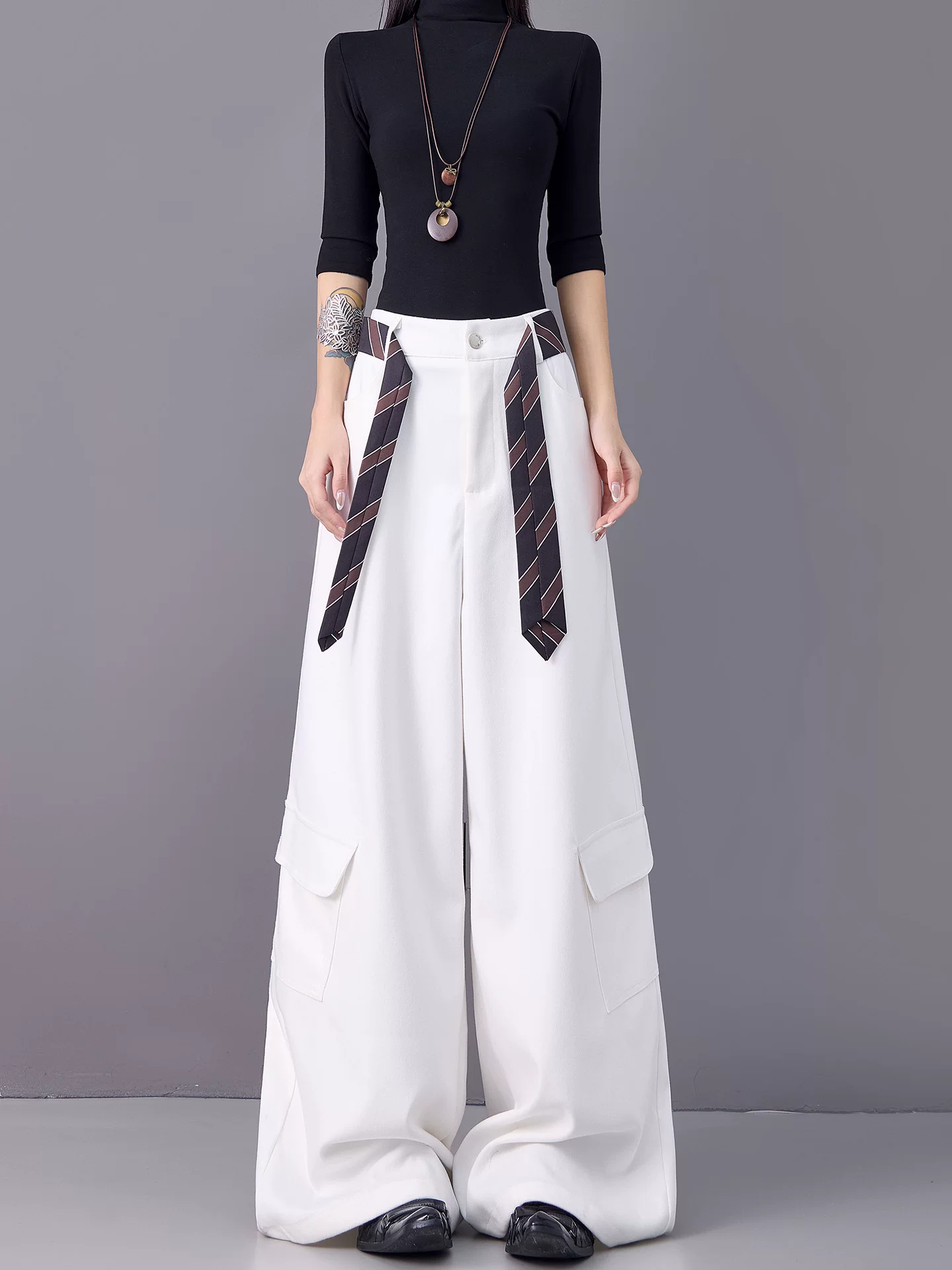 KEN STUDIO mùa thu đông mới màu trắng dày dặn quần âu thường ngày nữ lưng cao thẳng quần cargo rộng rãi quần dài