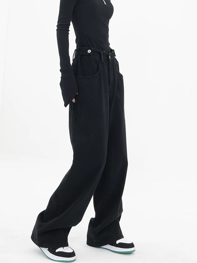 KEN STUDIO Xuân Thu Mới Quần Jean Đen Nữ Cao Cấp Thẳng Rời Giảm Béo Quần Ống Rộng Quần Âu