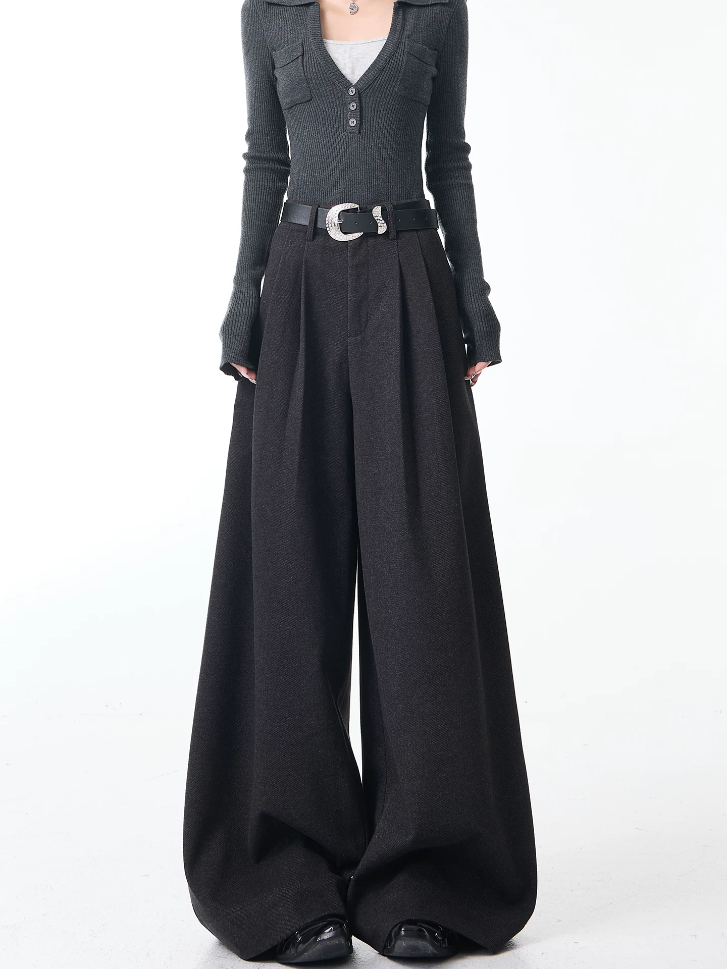 KEN STUDIO Quần tây xếp ly len dày màu xám thu đông mới dành cho nữ, quần cạp cao, dáng rộng và suôn mềm