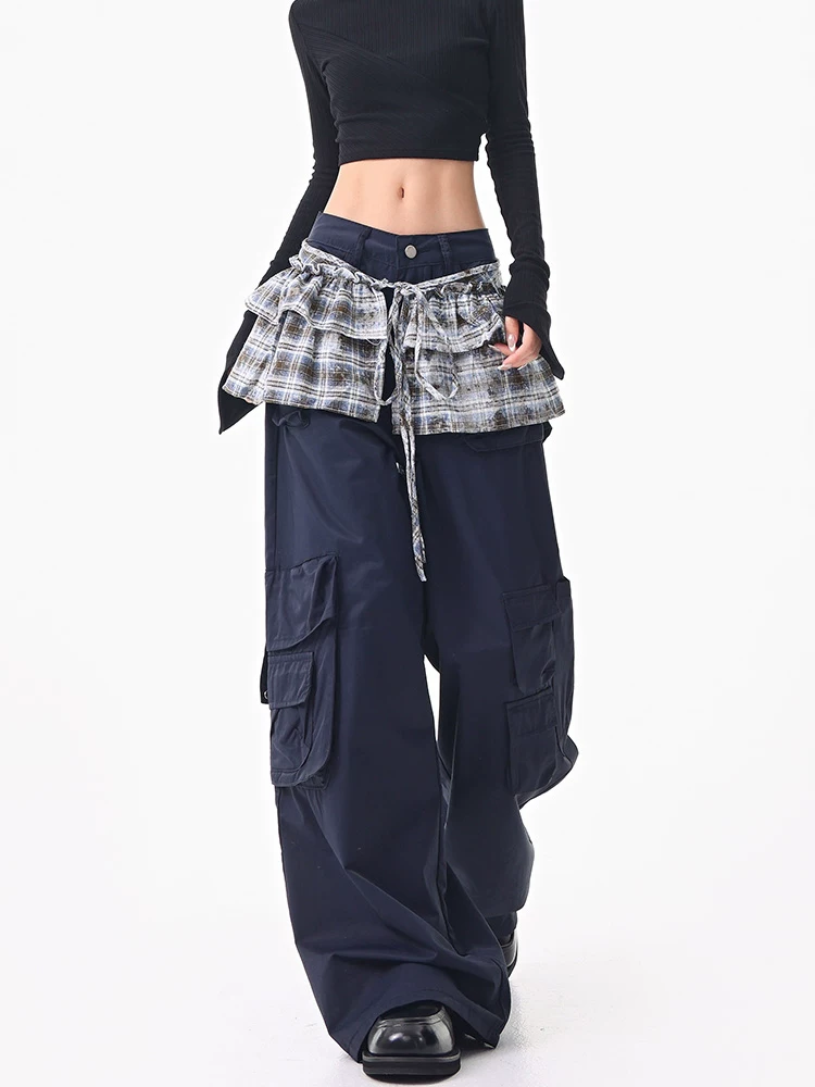 KEN STUDIO Quần cargo kẻ sọc mùa thu mới dành cho nữ, kiểu dáng rộng rãi, tôn dáng, quần ống rộng dài đến sàn