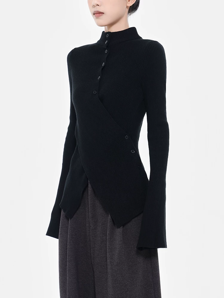 KEN STUDIO Áo dệt kim dáng ôm cổ cao nửa cổ màu đen mới thu đông dành cho nữ với thiết kế bất đối xứng