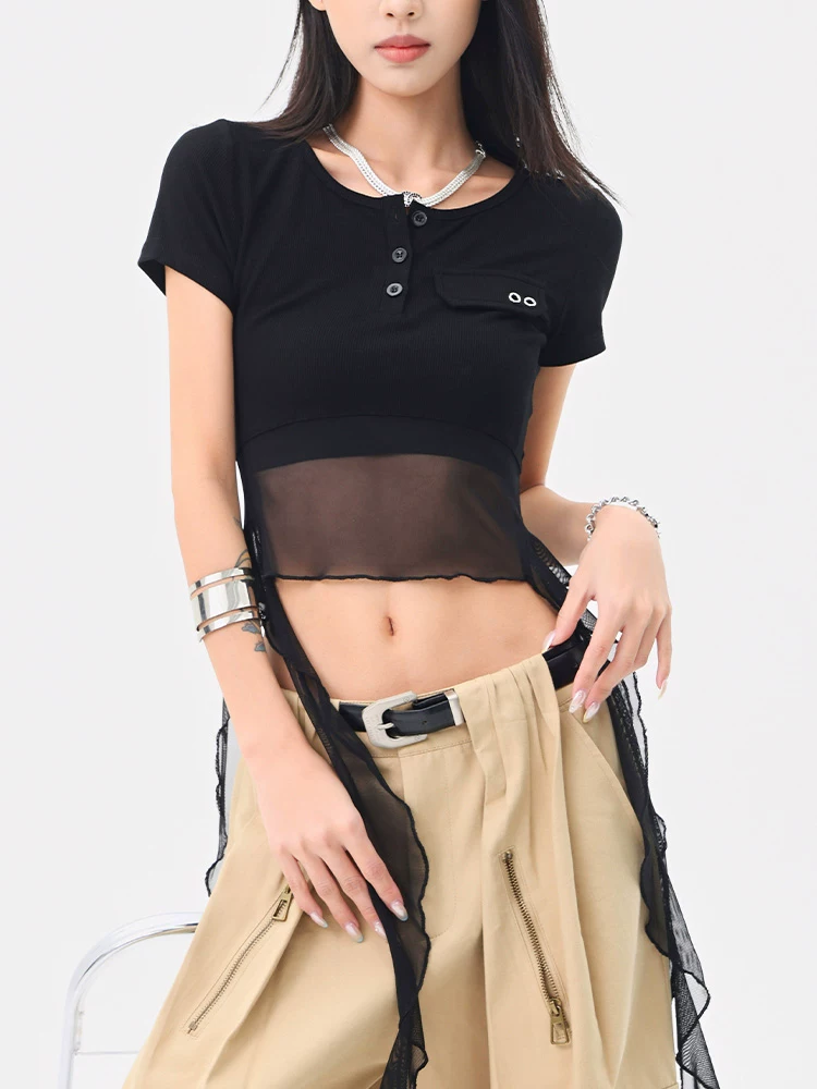 KEN STUDIO Áo thun ngắn tay lưới ruy băng đen phong cách Mỹ dành cho nữ, áo crop top ngắn lưng cao, áo ôm dáng