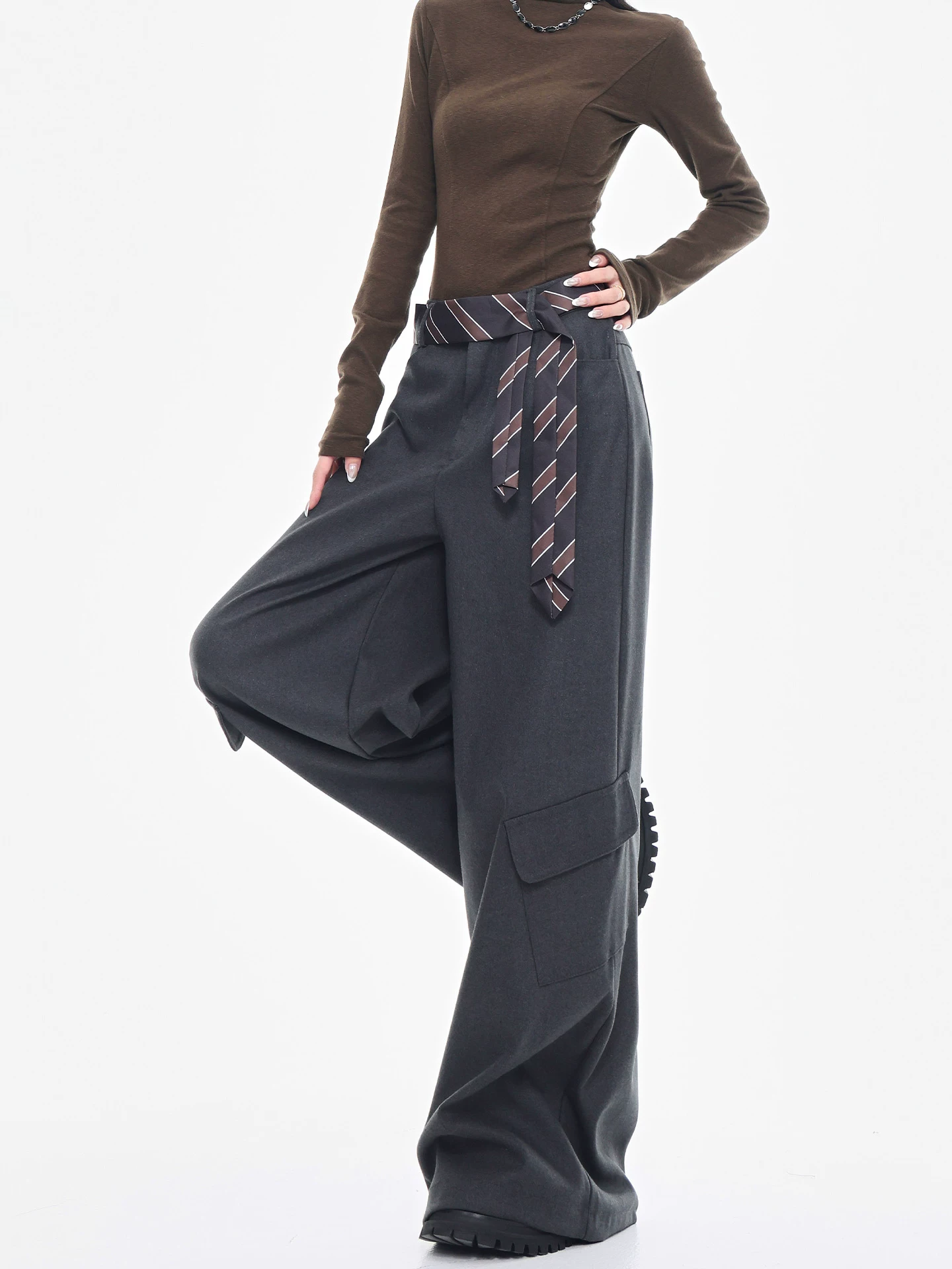 KEN STUDIO mùa thu đông mới màu xám dày cạp cao quần âu thường ngày quần ống rộng dáng rộng dành cho nữ