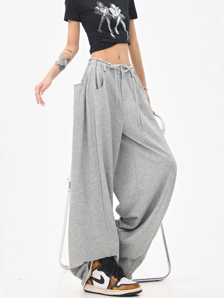 KEN STUDIO Quần thể thao dây rút màu xám phong cách Mỹ Quần dài lưng cao dáng rộng dáng rộng dành cho nữ