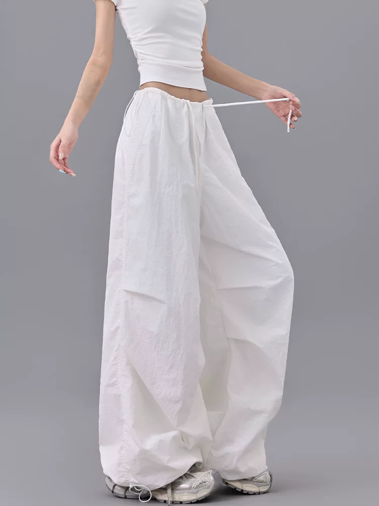 KEN STUDIO quần dài xếp ly dây rút phong cách đường phố mùa hè của Mỹ dành cho nữ, quần jogger ống rộng thoáng khí lưng cao dành cho nữ