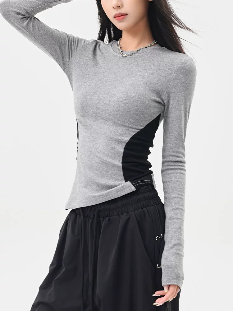 Áo thun dài tay cổ tròn phối màu KEN STUDIO dành cho nữ, áo trong ôm eo ôm sát mùa thu đông