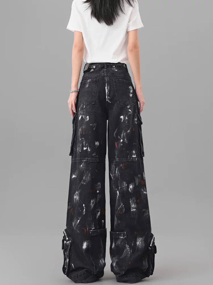 KEN STUDIO Quần jean nhiều túi sơn dày kiểu Mỹ dành cho nữ, quần công sở ống rộng màu đen cổ điển mùa hè