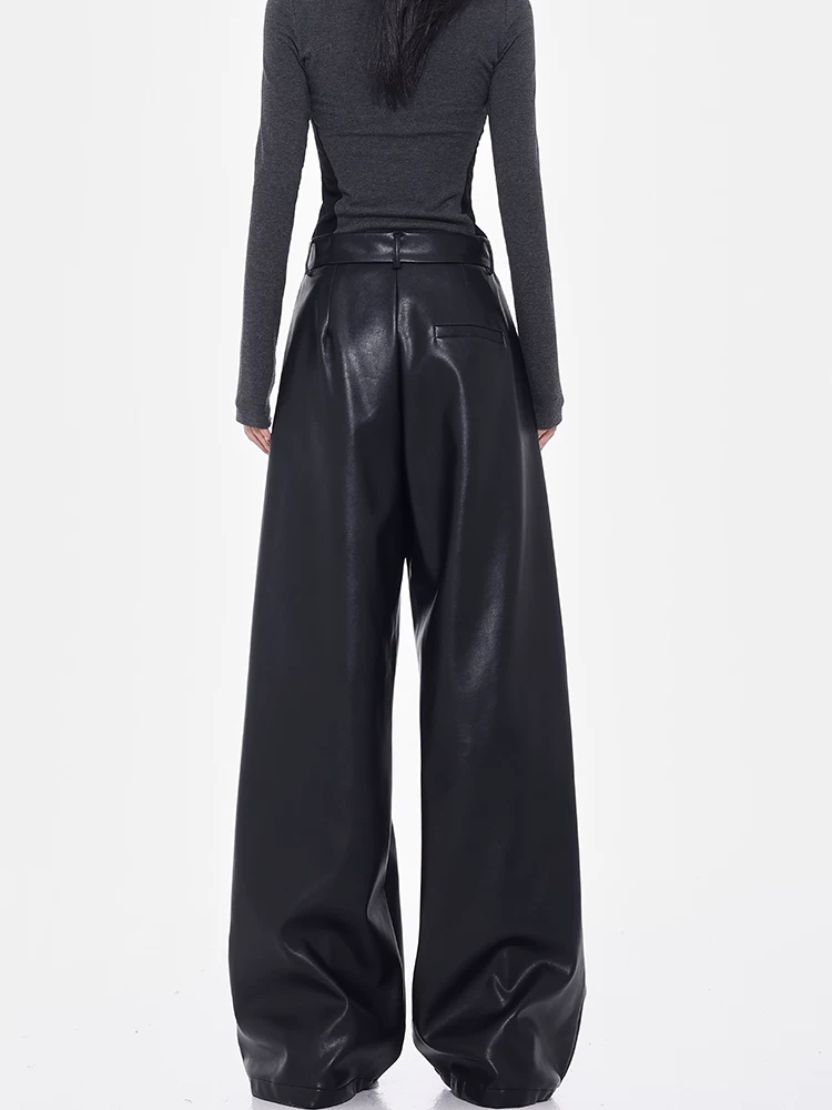 [Bee Happy Club] KEN STUDIO Quần da PU cổ điển dày dặn mùa thu đông Quần ống rộng dáng rộng cạp cao