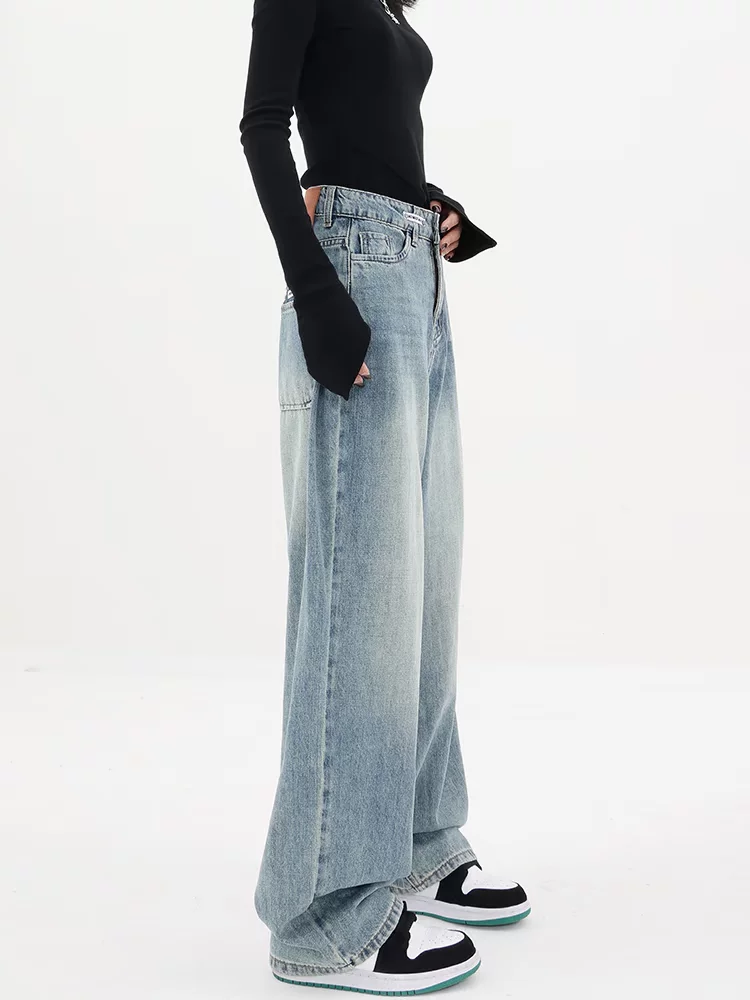Quần jean ống rộng KEN STUDIO dành cho nữ, mùa xuân thu, quần ống rộng lưng cao, đa năng, tôn dáng, quần dài thường ngày.