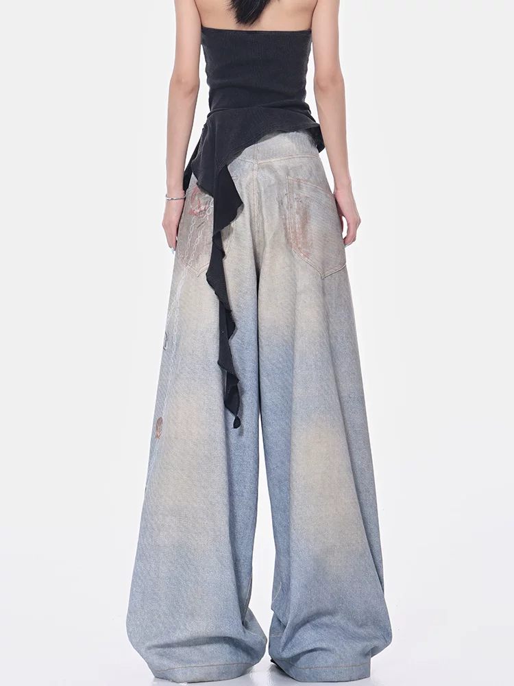 Quần jeans xếp ly nhuộm màu retro kiểu KEN STUDIO, quần ống rộng dáng sickle, quần harem nữ phong cách đường phố