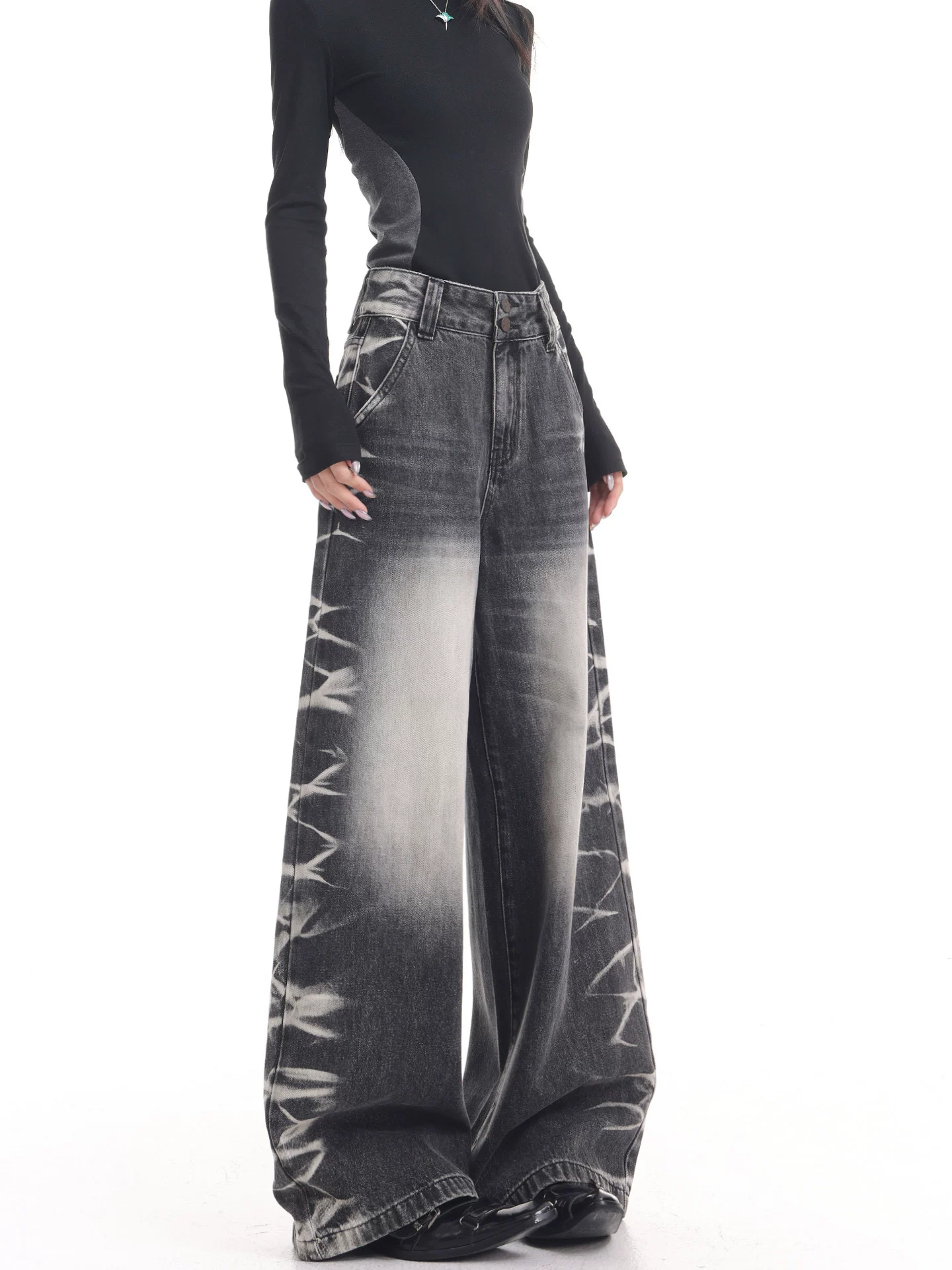 KEN STUDIO quần jean ống rộng màu đen cổ điển mới mùa thu đông dành cho nữ, quần dài màu phối màu đã qua xử lý, quần dài rộng đến sàn