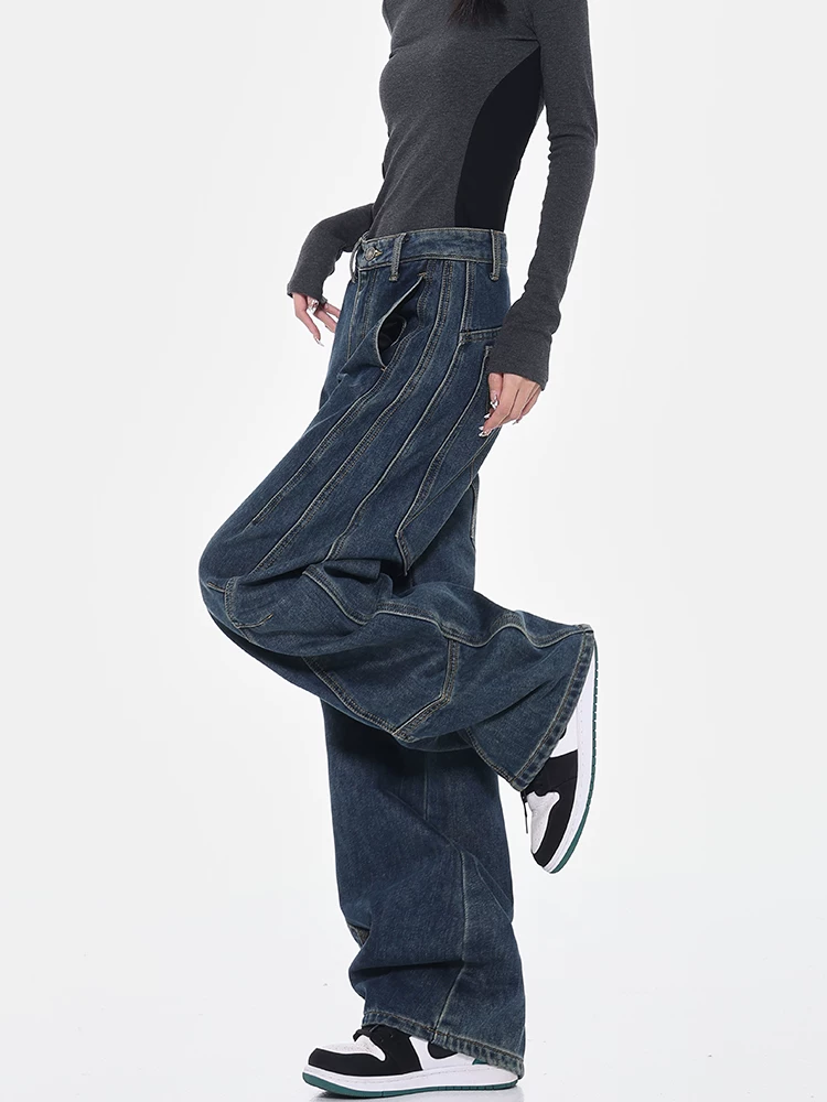 KEN STUDIO quần jean thiết kế đường phố cao cấp lót lông cừu mùa thu đông dành cho nữ, quần chuối ống rộng, quần hình liềm