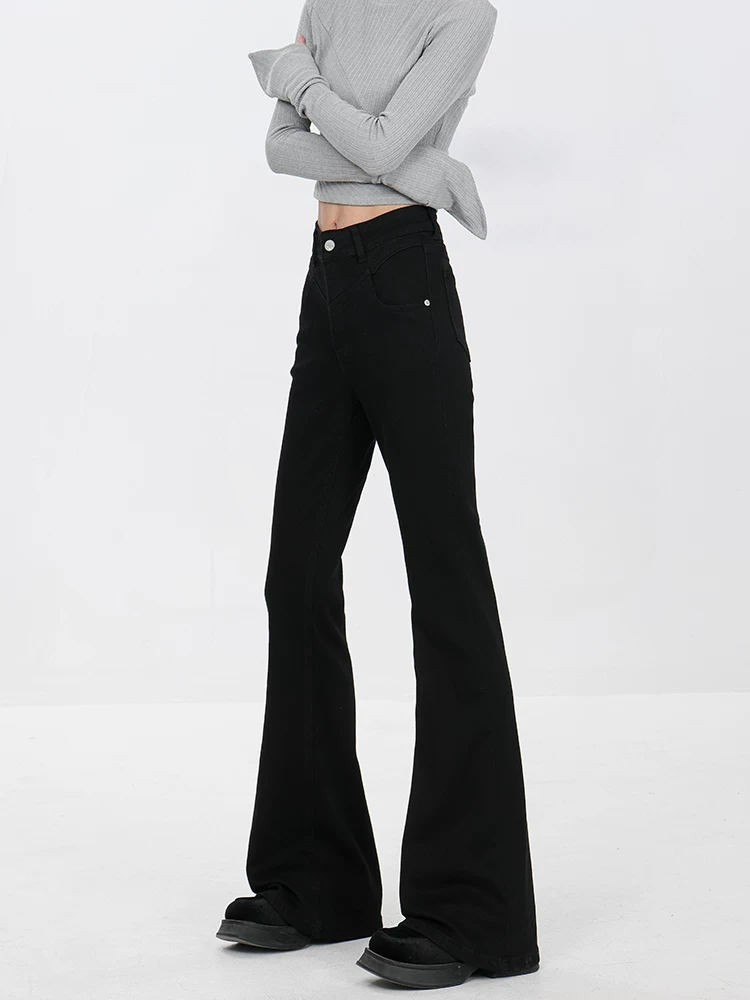 KEN STUDIO2025 mùa thu đông mới kiểu Mỹ cổ điển quần jean đen nữ dáng ôm vừa vặn quần ống loe giảm béo