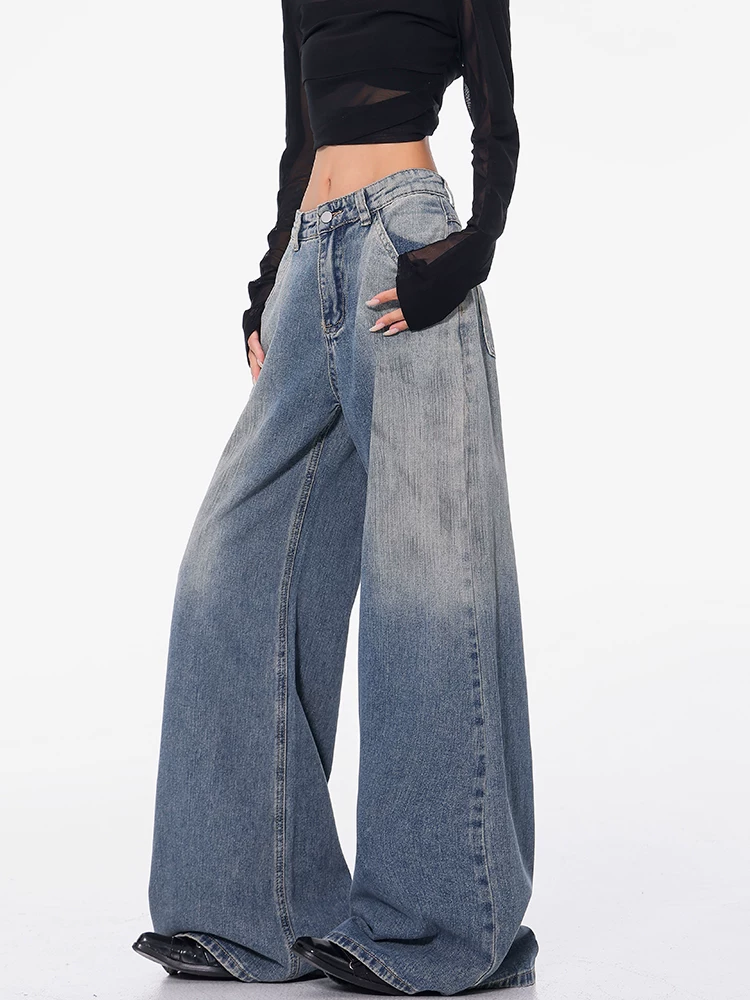 KEN STUDIO Xuân Thu Mới Xanh Dương Vintage gradient Quần Jean Nữ Cao Cấp Ống Rộng Quần Ống Suông Dài Đến Sàn