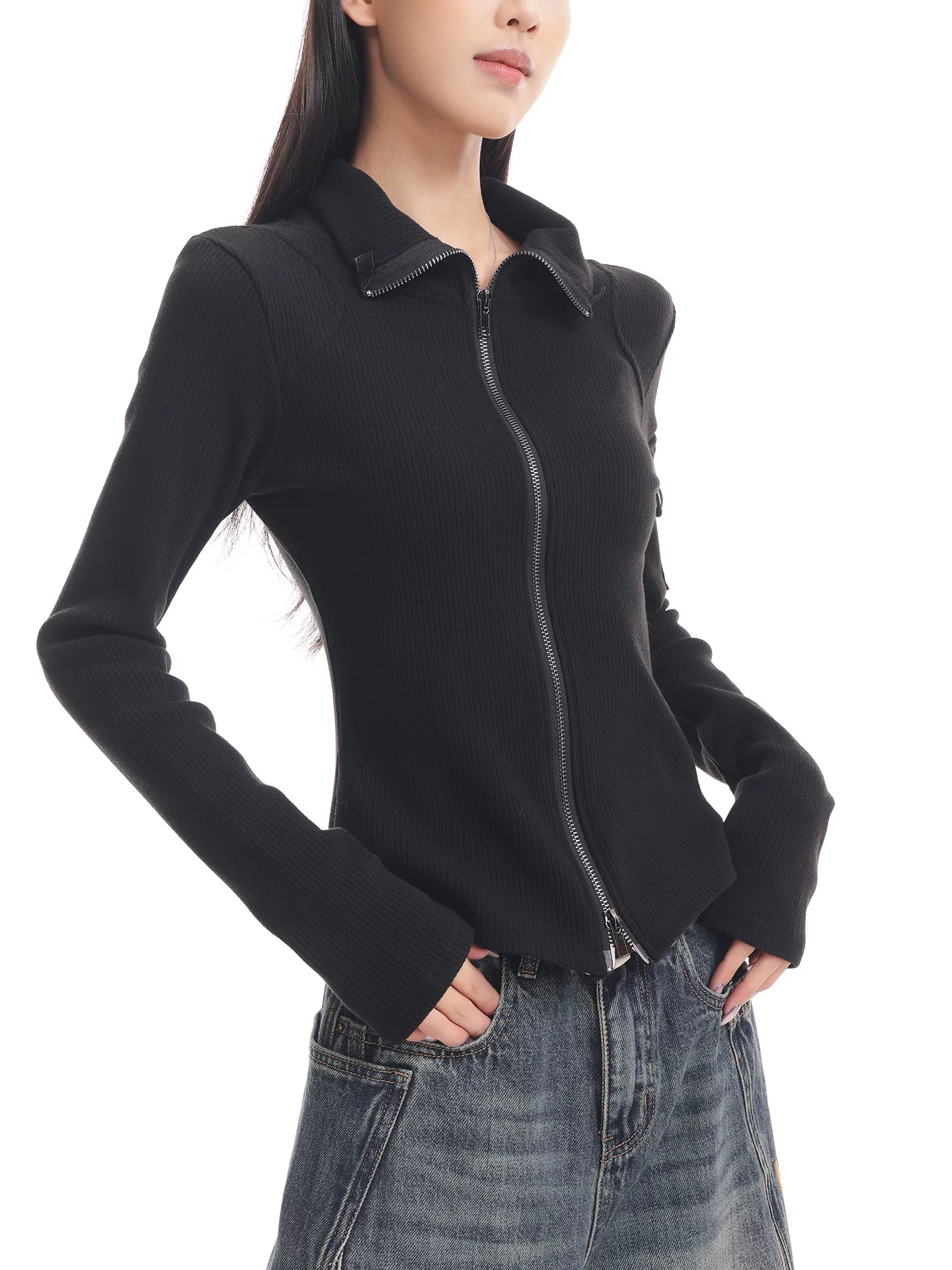 KEN STUDIO mới mùa thu đông màu đen dệt kim nữ có khóa kéo đôi có ve áo dáng ôm vừa vặn áo cardigan dài tay