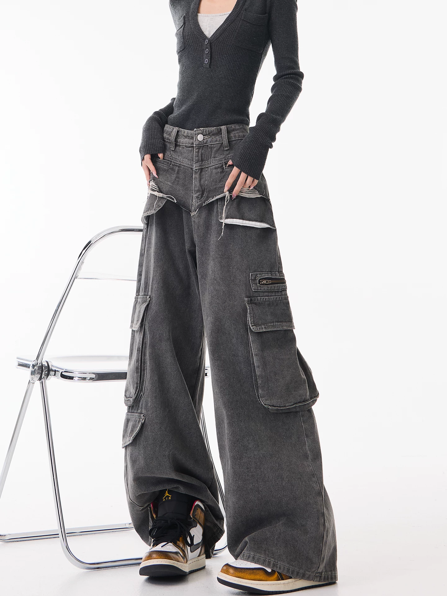 Quần jean công sở màu đen thiết kế cổ điển của KEN STUDIO dành cho nữ, quần ống rộng thẳng lưng cao mới mùa xuân thu