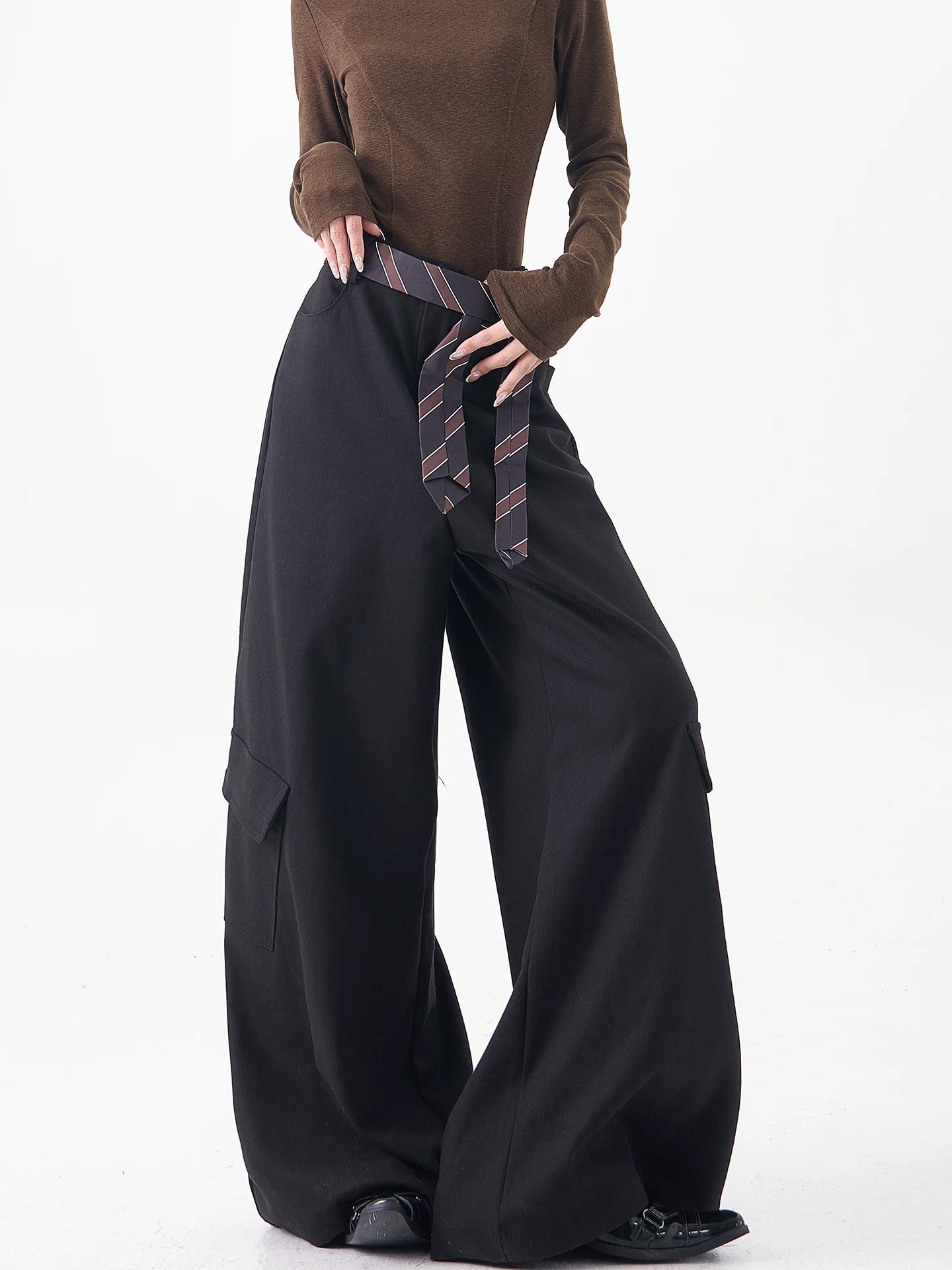 KEN STUDIO mùa thu đông mới màu đen dày dặn quần âu thường ngày dành cho nữ quần ống rộng lưng cao thẳng dáng rộng