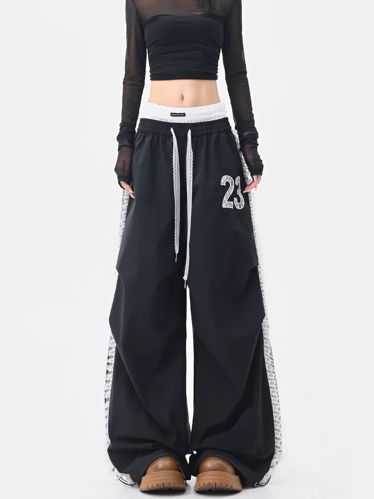 KEN STUDIO nhảy đường phố hợp thời trang thương hiệu ren chắp vá quần âu nữ dáng rộng thẳng lưng thun nhảy jazz quần mùa hè