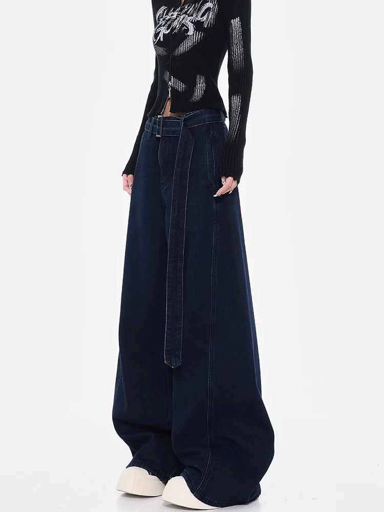 KEN STUDIO Quần jean ống rộng lưng cao mới mùa xuân thu dành cho nữ, thiết kế màu xanh cổ điển có thắt lưng và quần dài đến sàn