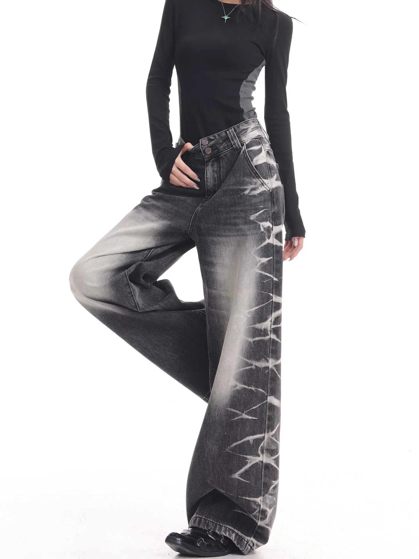 KEN STUDIO quần jean ống rộng màu đen cổ điển mới mùa thu đông dành cho nữ, quần dài màu phối màu đã qua xử lý, quần dài rộng đến sàn