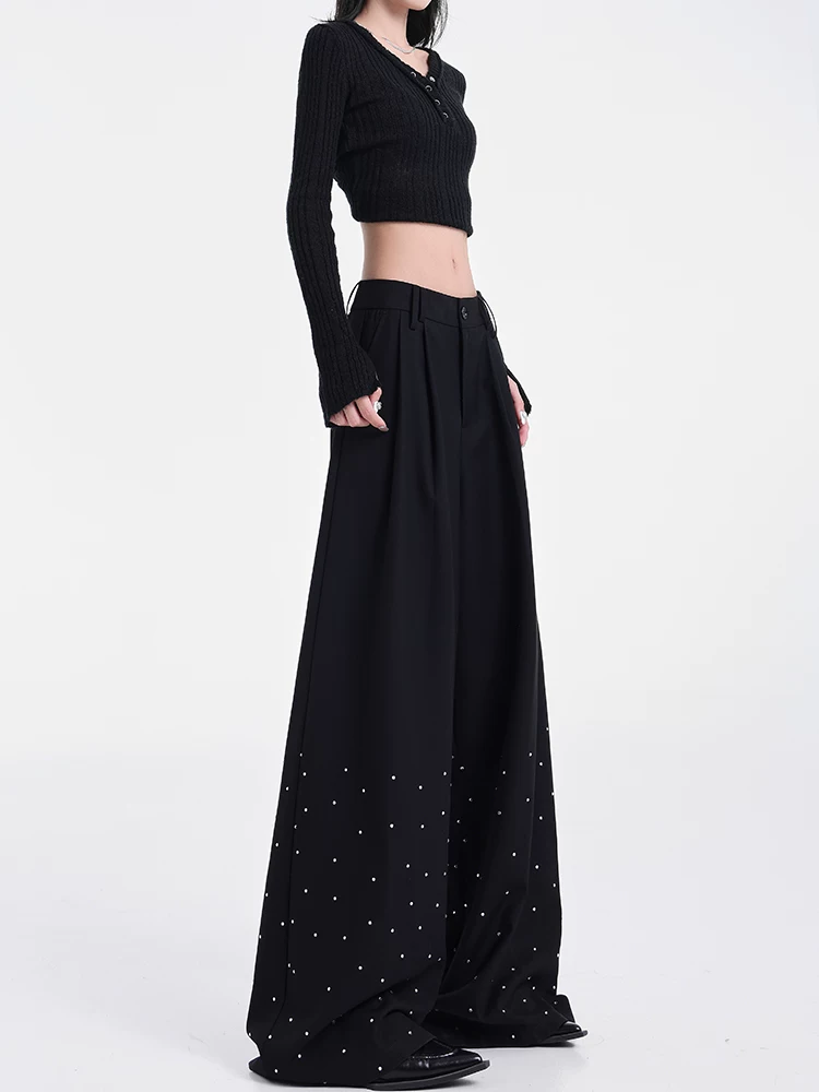 KEN STUDIO nguyên bản mùa hè và mùa thu mới thiết kế đính đá màu đen phù hợp với quần đa năng quần ống rộng dáng rộng giảm béo