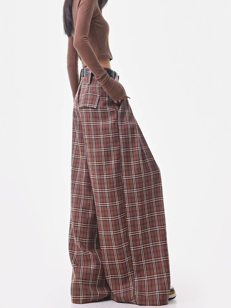 KEN STUDIO quần âu kẻ sọc màu cà phê cổ điển mới mùa hè và mùa thu dành cho nữ, quần cạp cao, dáng rộng, quần kiểu dáng ôm dáng.