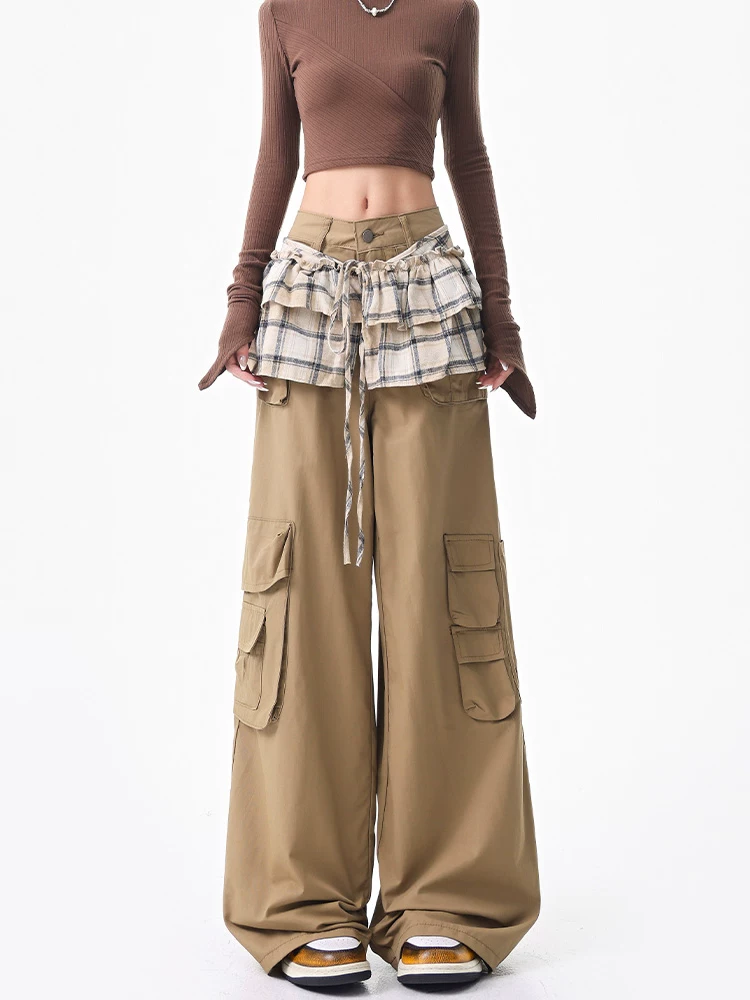 KEN STUDIO Quần ống rộng phong cách Mỹ mùa thu mới dành cho nữ với nhiều túi và thiết kế xếp nếp, quần dài đến sàn