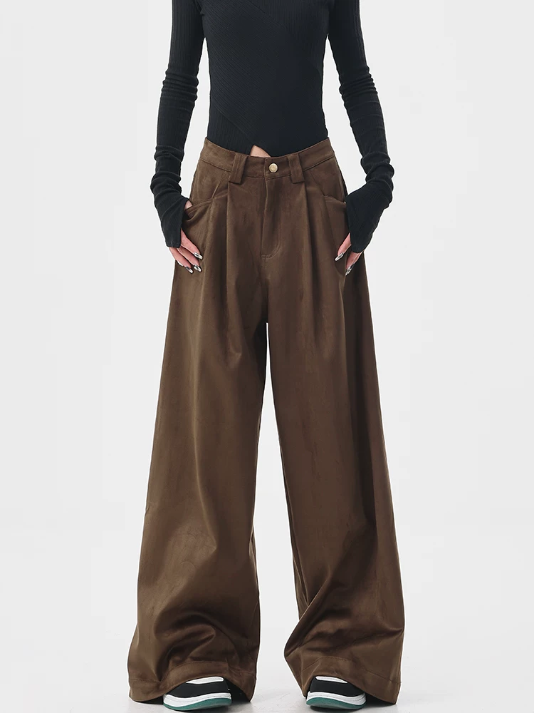 KEN STUDIO Melard Trang phục Thu Đông Da lộn dày màu cà phê Quần âu nữ dài đến sàn Quần ống rộng