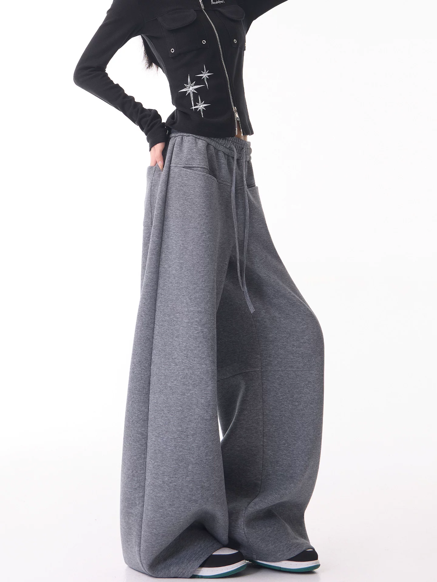 KEN STUDIO quần thể thao ống rộng màu xám dày dặn mới dành cho nữ, quần ống rộng có dây rút lưng cao, quần thường ngày.