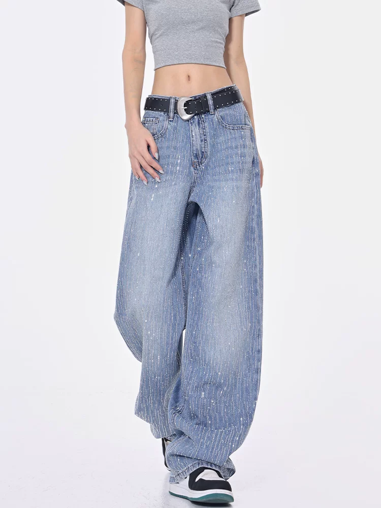 KEN STUDIO thiết kế đá nóng quần jean denim lấp lánh dành cho nữ, quần ống rộng dáng thẳng giảm béo mùa hè mới