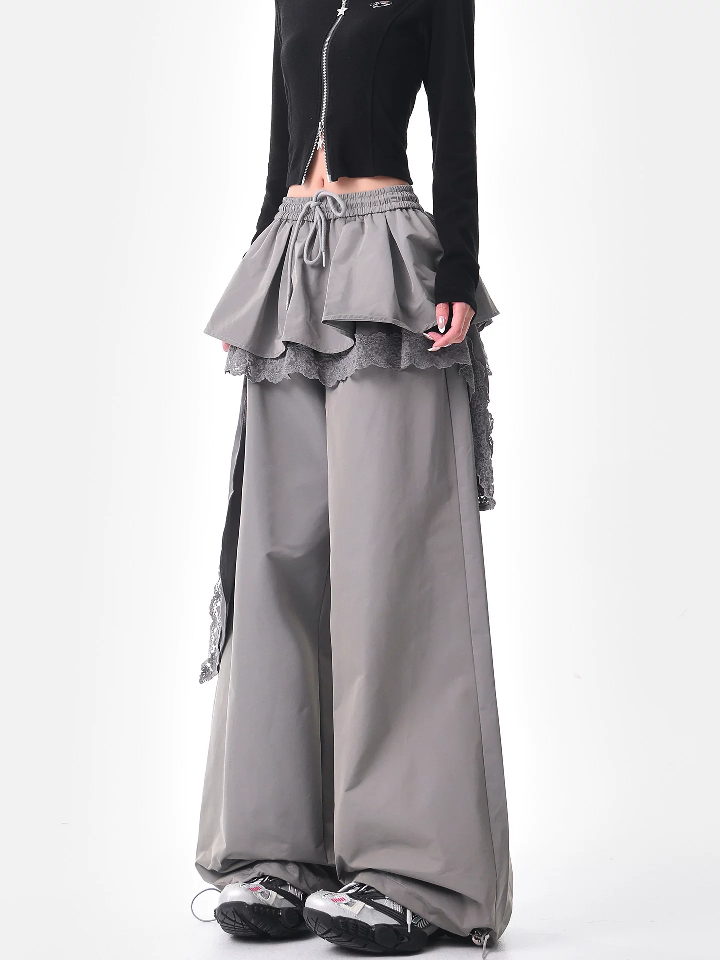 KEN STUDIO đầu mùa thu quần ống rộng giả hai mảnh màu xám mới dành cho nữ với thiết kế viền ren quần ống thẳng