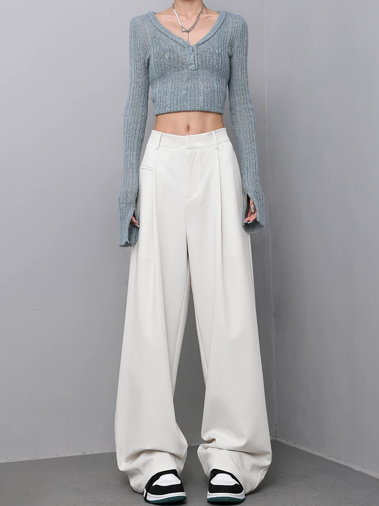 KEN STUDIO quần tây ống đứng màu mơ kiểu dáng mới mùa xuân thu dành cho nữ, quần ống rộng cạp cao, tôn dáng, quần ống rộng thông thường.