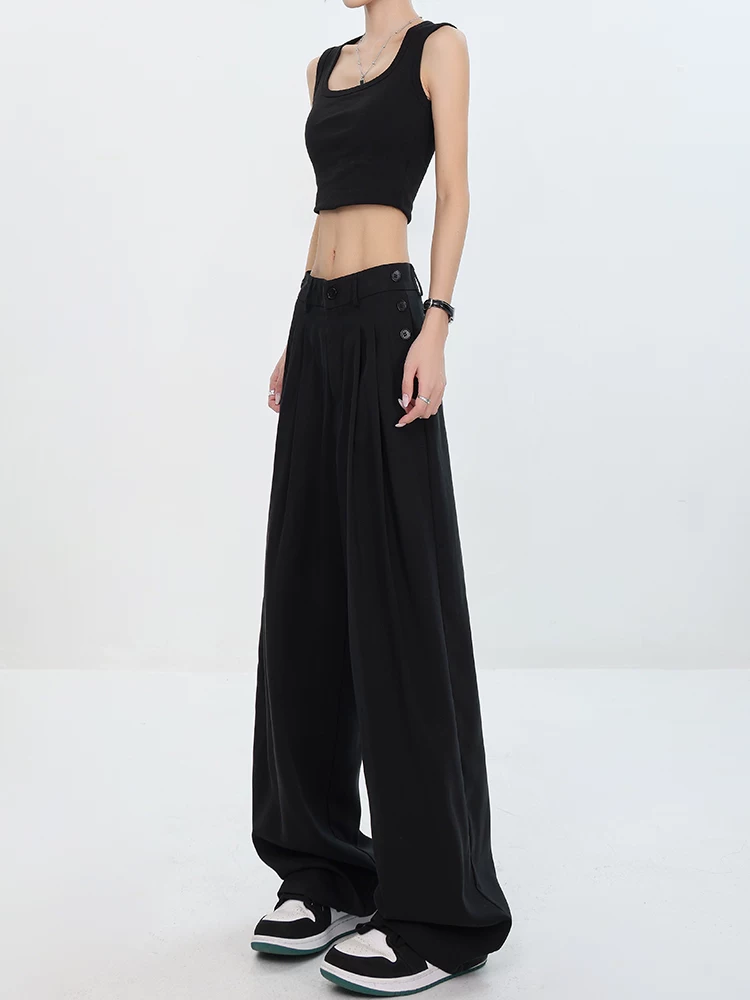 KEN STUDIO nguyên bản mùa hè mới màu đen hai hàng khuy cao cấp mỏng xếp nếp quần ống rộng ống thẳng