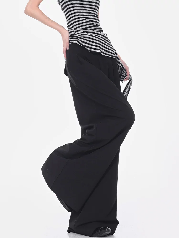 KEN STUDIO mùa hè mới quần tây ống rộng màu đen mỏng dành cho nữ quần tây xếp ly cạp cao quần dài xếp ly dài đến sàn