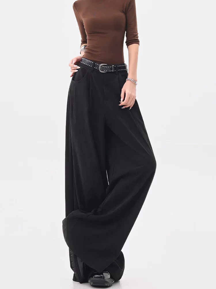 KEN STUDIO mùa thu đông mới quần tây ống rộng da lộn màu đen quần tây nữ thông thường đa năng quần ống đứng quần tây