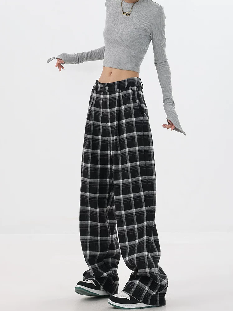 KEN STUDIO quần kẻ sọc cổ điển dày dặn lót lông cừu mùa thu đông dành cho nữ, quần ống đứng dáng rộng ấm áp, giản dị