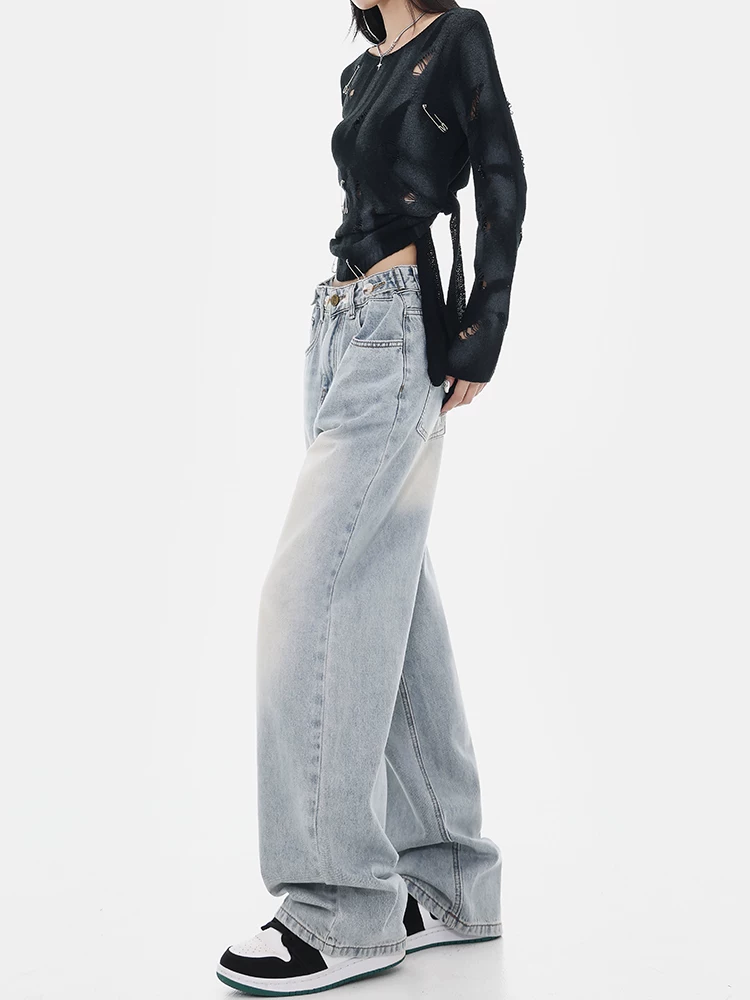 KEN STUDIO đầu mùa thu quần jean ống rộng phong cách đường phố Mỹ mới dành cho nữ, quần dài ống rộng lưng cao dáng thẳng