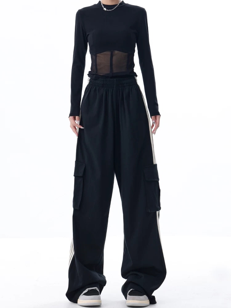 KEN STUDIO Quần cargo thường ngày mới mùa xuân thu dành cho nữ với thiết kế ba sọc, quần dài thể thao độc đáo