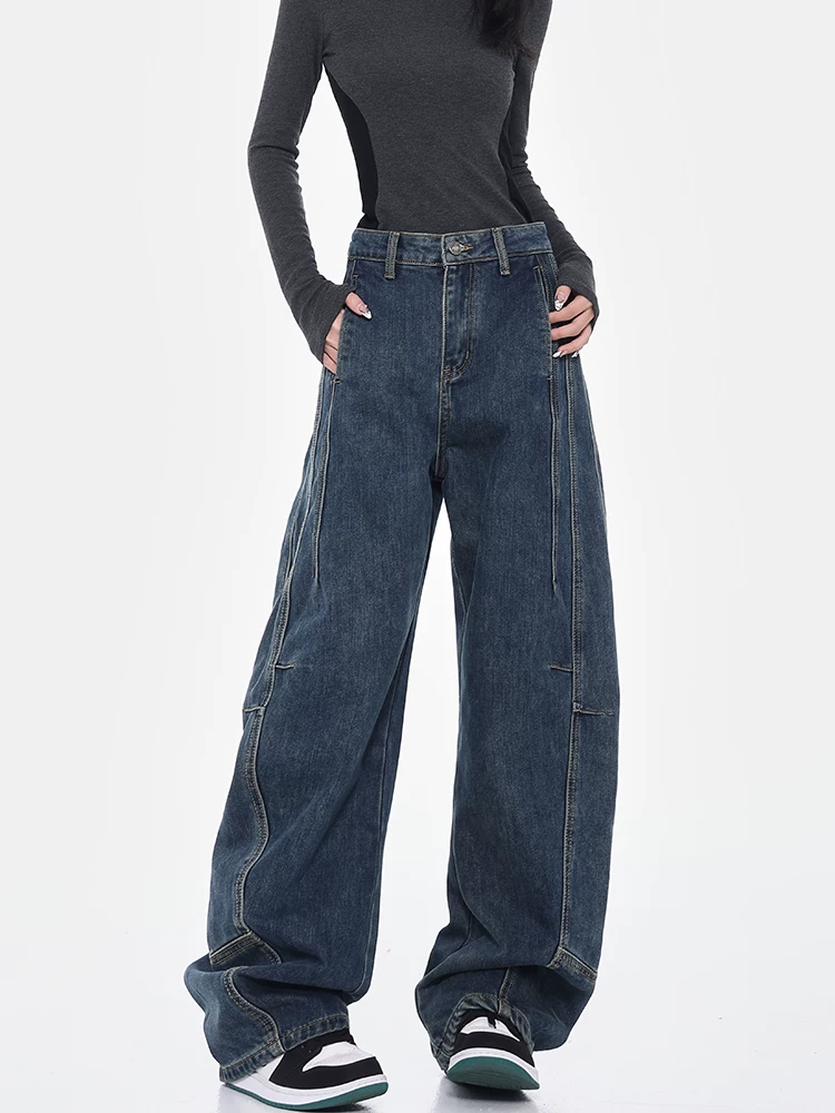 KEN STUDIO quần jean thiết kế đường phố cao cấp lót lông cừu mùa thu đông dành cho nữ, quần chuối ống rộng, quần hình liềm