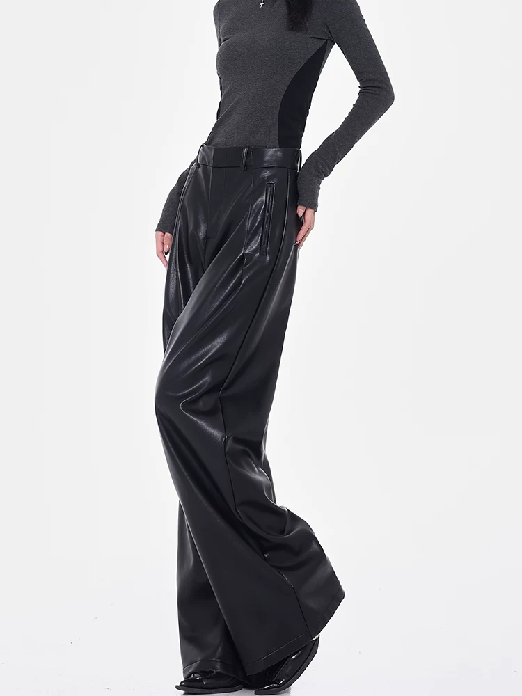 [Bee Happy Club] KEN STUDIO Quần da PU cổ điển dày dặn mùa thu đông Quần ống rộng dáng rộng cạp cao