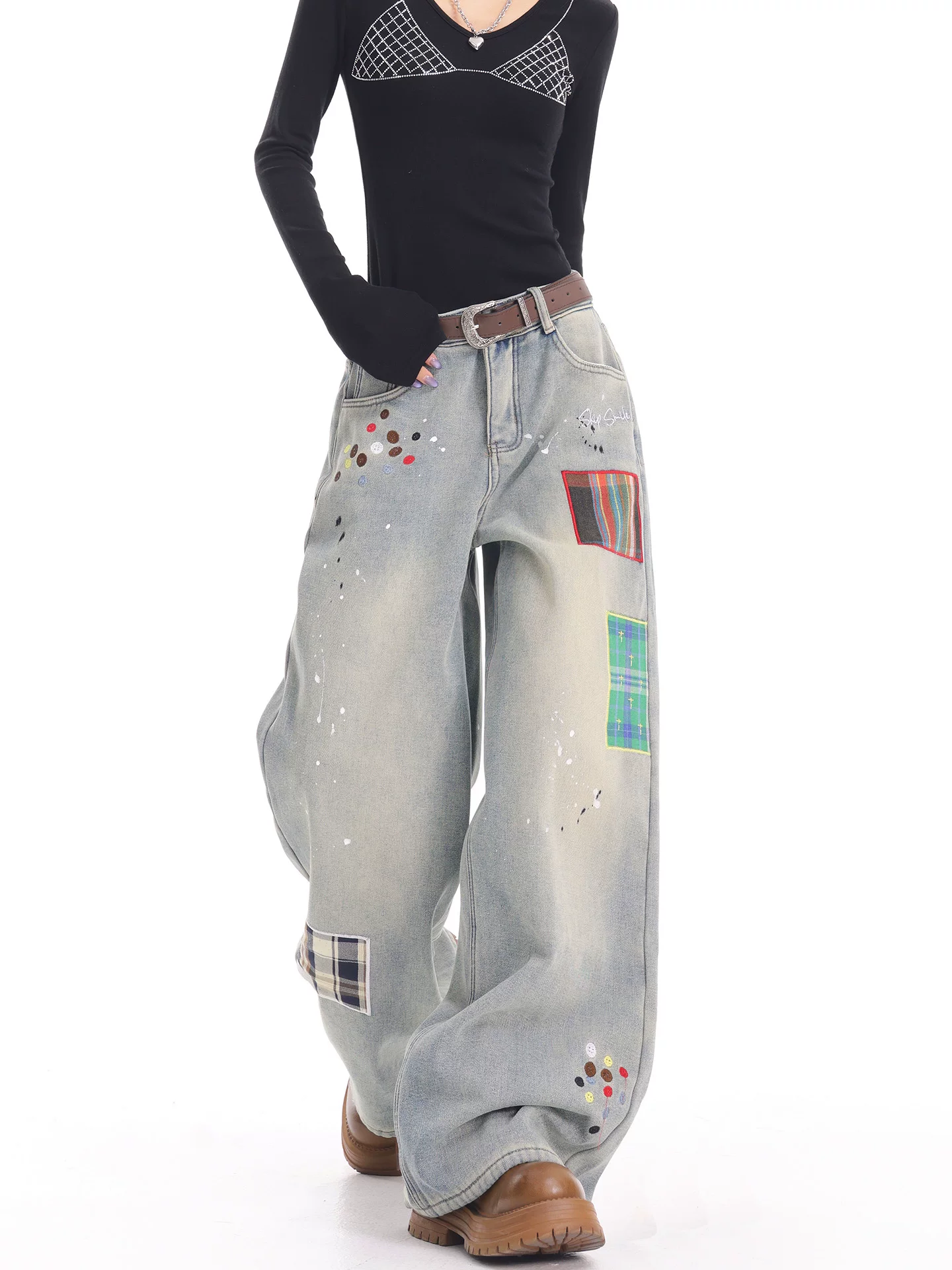 KEN STUDIO quần jean thêu chắp vá màu xanh cổ điển mới mùa thu đông dành cho nữ, quần ống rộng dày và lót lông cừu.