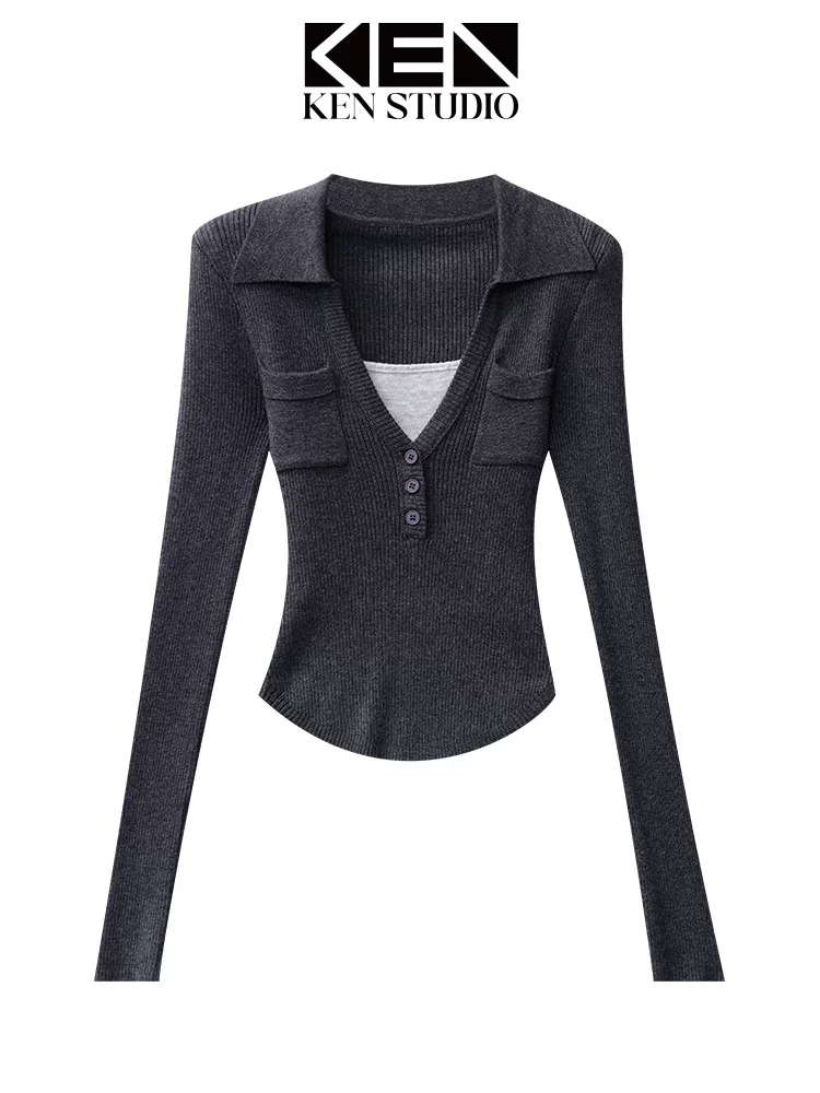 Áo len dệt kim giả hai mảnh màu xám của KEN STUDIO dành cho nữ, áo thun dài tay cổ polo dáng ôm mùa xuân thu, áo thun dài tay