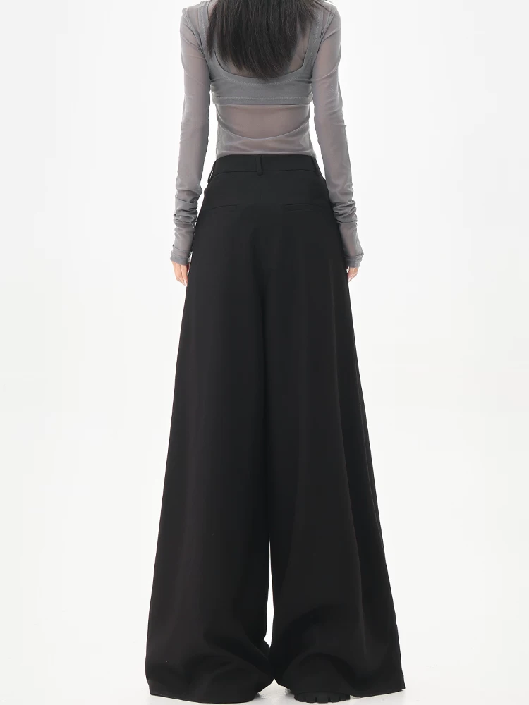 KEN STUDIO Quần tây ống rộng màu đen mùa hè mới dành cho nữ, quần cạp cao, dáng rộng, dáng suông, quần dài xếp tầng