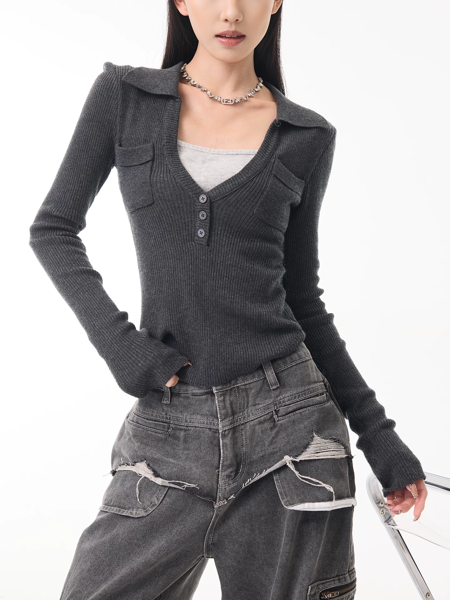 KEN STUDIO Xuân Thu Phong Cách Mới Màu Xám Đậm Áo Len Dệt Kim Giả Hai Mảnh Áo Len Dệt Kim Dài Tay Slim-Fit Áo Sơ Mi Dài Tay Cho Nữ