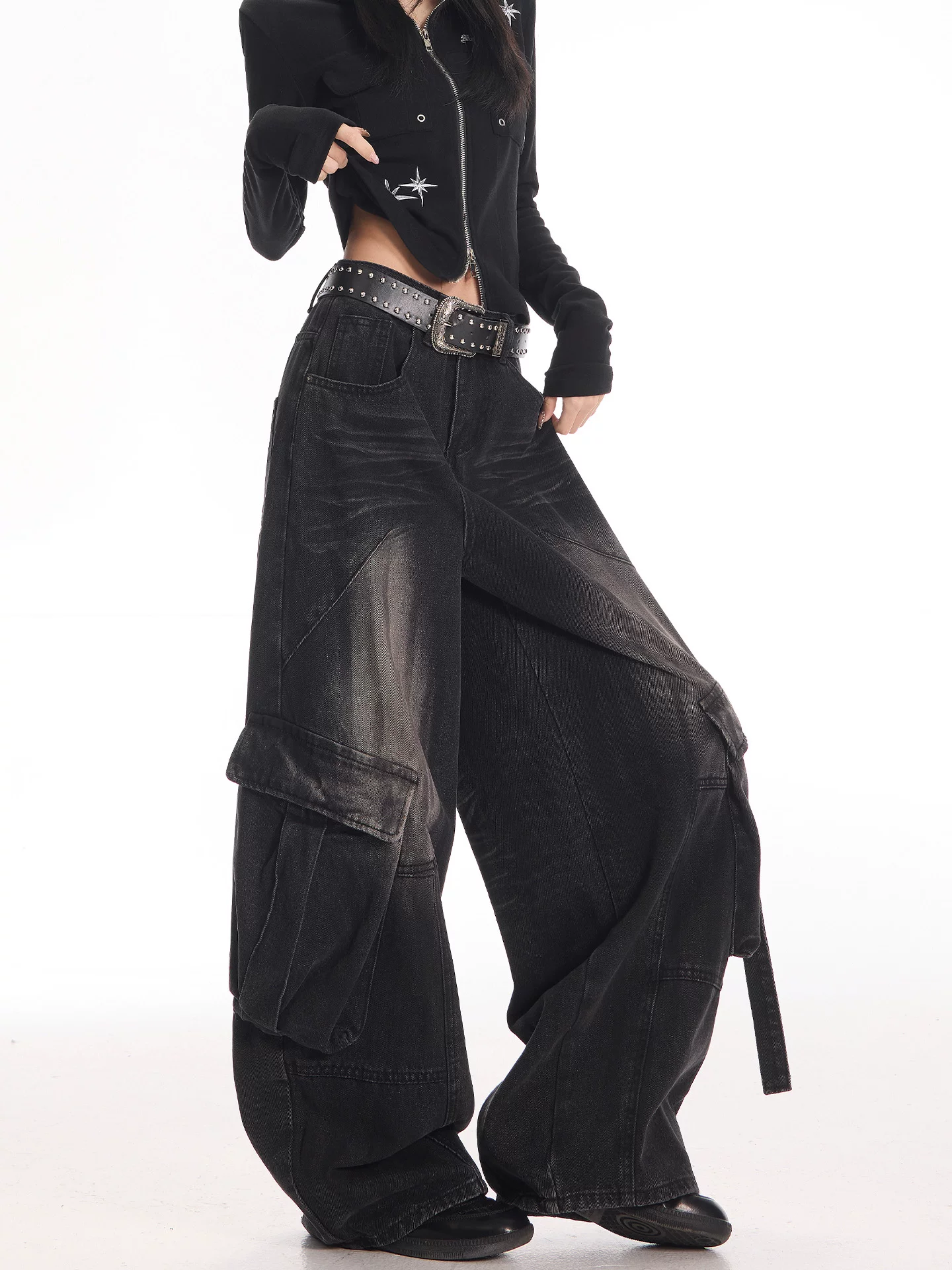 KEN STUDIO Quần jean công sở kiểu Mỹ cổ điển, bền chắc, được xử lý làm cũ dành cho nữ, quần ống rộng dáng lửng mùa thu.