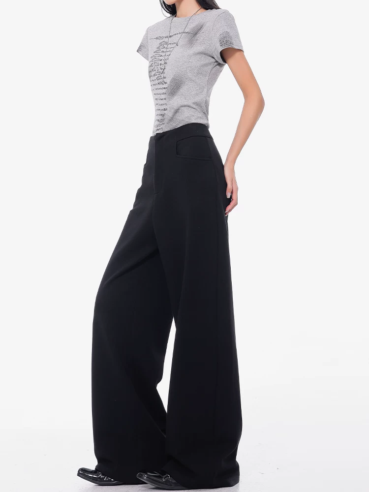 KEN STUDIO Xuân Thu Mới Quần thể thao màu đen Quần thể thao nữ dáng rộng Quần thường ngày lưng cao Quần dài thẳng đến sàn